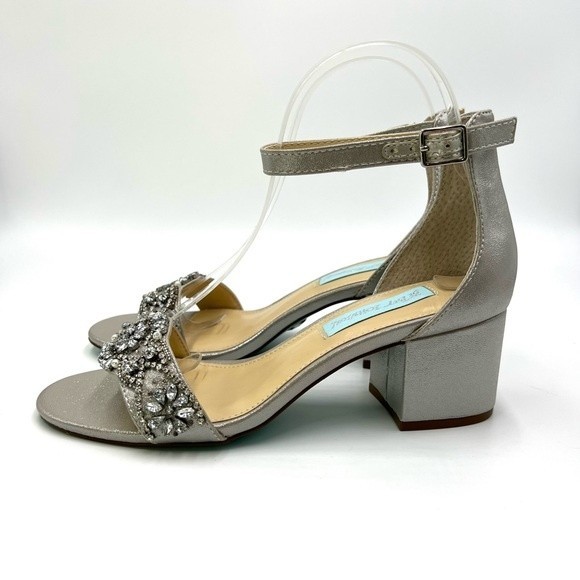 Blue Betsey Johnson Size 7 Mel Jeweled Silver Block Heels Dress Sandals Shoes - Picture 7 of 15